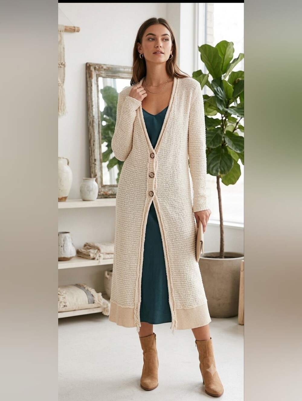 Free People Cream Long Button-Front Maxi Cardigan
